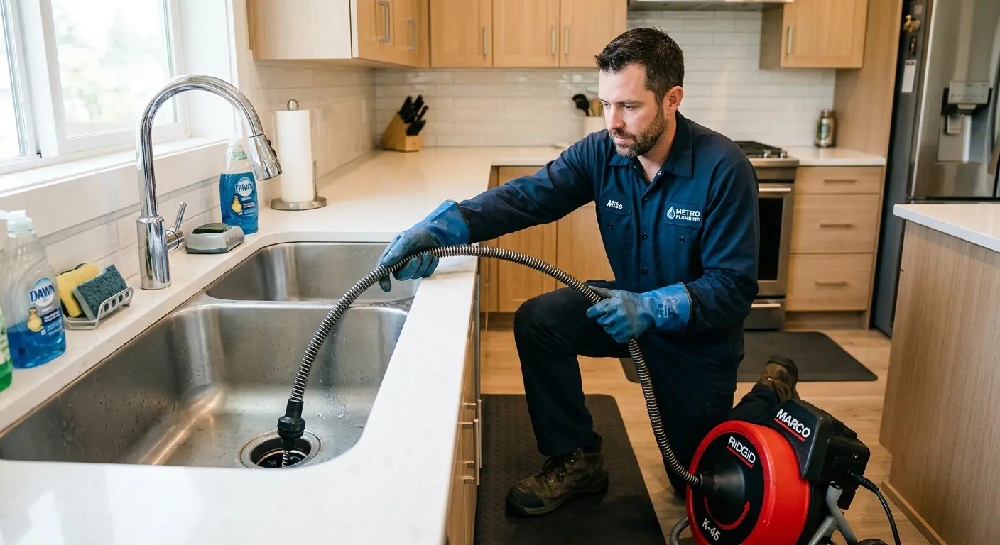 Drain cleaning technician using a motorized snake on a kitchen sink in King City
