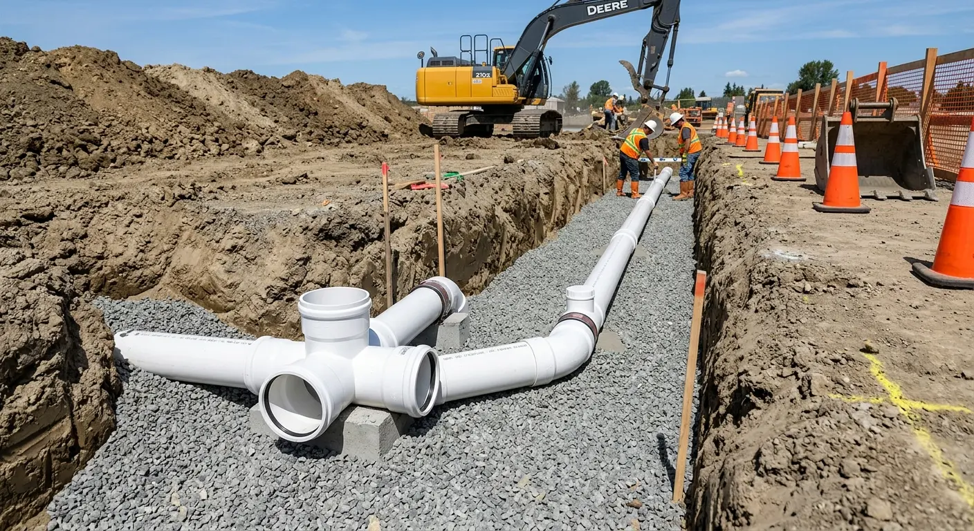 New PVC sewer pipe installation in open trench for Grease Trap Cleaning in King City