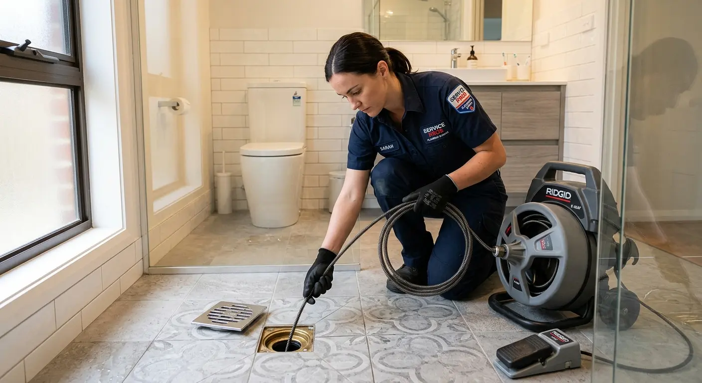 Technician clearing a bathroom floor drain for Drain Cleaning in King City